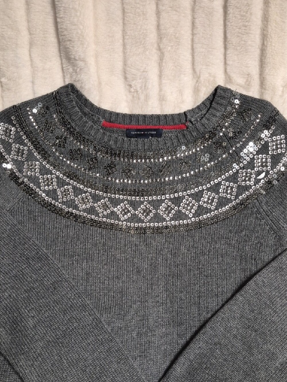 Tommy Hilfiger Charcoal Gray Sequin Yoke Crewneck Sweater - Picture 2 of 4